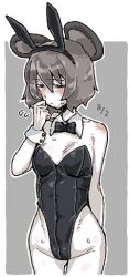 1girl animal_ears black_eyes black_leotard blush closed_mouth colored_skin cookie_(touhou) cowboy_shot dated fake_animal_ears grey_background grey_hair half-closed_eyes leotard looking_at_viewer man_(man-room) mouse_ears mouse_girl nazrin nyon_(cookie) playboy_bunny rabbit_ears short_hair solo strapless strapless_leotard touhou two-tone_background white_background white_skin