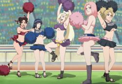 5girls arms_up audience bare_legs belt black_belt black_hair black_skirt blonde_hair blue_eyes blue_skirt breasts brown_eyes brown_hair cheerleader crop_top double_bun female_focus green_eyes hair_bun hair_over_one_eye haruno_sakura hyuuga_hinata konohagakure_symbol large_breasts long_hair looking_at_viewer microskirt multiple_girls naruto naruto_(series) naruto_shippuuden no_bra open_mouth pigeon-toed pink_belt pink_hair pink_skirt pom_pom_(cheerleading) ponytail purple_eyes purple_skirt red_skirt revealing_clothes sandals short_hair sideboob skirt smile standing standing_on_one_leg tagme temari_(naruto) tenten_(naruto) underboob white_eyes yamanaka_ino