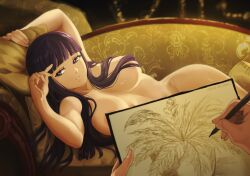 1girl 1other akobeul areola_slip artist_name blunt_bangs breasts commentary completely_nude convenient_censoring couch draw_me_like_one_of_your_french_girls_(meme) drawing_(action) drawing_(object) english_commentary fern fern_(sousou_no_frieren) hair_over_breasts hair_over_one_breast highres large_breasts lying meme modeling name_connection nipple_slip nipples nude nude_modeling object_namesake on_couch on_side parody parted_lips patreon_username plant potted_plant pun purple_eyes purple_hair purple_pupils scene_reference solo_focus sousou_no_frieren titanic_(movie) too_literal watermark web_address