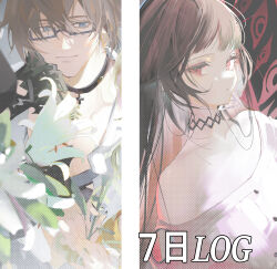 1boy 1girl absurdres beatrice_(forever_7th_capital) black_choker black_gloves black_hair blue_eyes blunt_bangs brown_hair choker flower forever_7th_capital glasses gloves hair_between_eyes highres long_hair red_eyes rrrr_222 seth_(forever_7th_capital) shirt upper_body white_flower white_lily