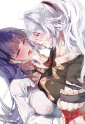 2girls absurdres after_kiss collared_shirt earrings highres honkai_(series) honkai_impact_3rd jewelry kiana_kaslana long_hair long_sleeves looking_at_another lying multiple_girls nyeppu open_mouth parted_lips purple_eyes purple_hair raiden_mei red_nails saliva saliva_trail shirt signature simple_background tongue tongue_out white_background white_hair white_shirt yuri