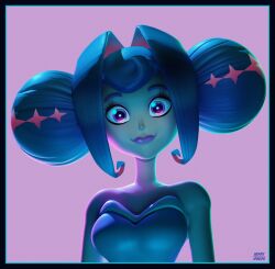 3d bare_shoulders blue_eyes blue_hair blue_lips double_bun dress flower grin hair_bun henry_vargas highres knights_of_guinevere lips looking_at_viewer pink_flower princess smile solo strapless
