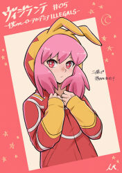 Rule 34 | 1girl, absurdres, animal hood, artist name, bandana, blush, closed mouth, commentary, frown, haneyama kazuho, highres, hinari080812, hood, hood up, hoodie, long sleeves, looking at viewer, medium hair, pink eyes, pink hair, rabbit hood, red bandana, red hoodie, signature, solo, star (symbol), translated, two-tone hoodie, upper body, vigilante -boku no hero academia: illegals-, yellow hoodie