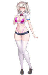1girl absurdres amahara_kuon bikini bikini_under_clothes black_shorts blush bow bowtie breasts brown_eyes cleavage closed_mouth full_body hand_on_own_chest highleg highleg_bikini highres kutan large_breasts loafers long_hair looking_at_viewer micro_shorts navel original pink_bikini purple_bikini shirt shoes short_shorts short_sleeves shorts simple_background solo standing swimsuit tachi-e thighhighs thighs tied_shirt transparent_background twintails two_side_up variant_set white_shirt white_thighhighs yellow_eyes