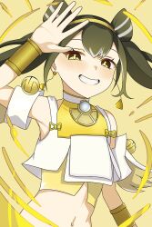 1girl aged_down arm_up armpits black_hair blush bracelet duel_monster earrings gold_bracelet hair_between_eyes highres japanese_clothes jewelry long_hair looking_at_viewer navel norakuma official_alternate_costume official_alternate_hairstyle ohime_the_manifested_mikanko parted_lips simple_background smile solo stomach twintails yellow_background yellow_eyes yu-gi-oh!