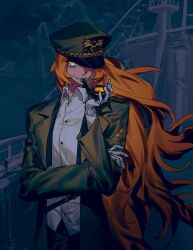 1girl artist_request black_hat coat collared_shirt commentary english_commentary gloves glowing glowing_eyes green_coat grin hand_on_own_arm hand_up hat highres holding holding_smoking_pipe ishmael_(project_moon) lapels limbus_company long_hair long_sleeves looking_at_viewer notched_lapels one_eye_covered open_clothes open_coat orange_hair peaked_cap pequod_(identity)_(project_moon) pirate_ship project_moon sailing_ship second-party_source shirt smile smoking_pipe solo very_long_hair white_gloves white_shirt wing_collar yellow_eyes