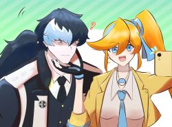 1boy 1girl :d ? absurdres ace_attorney athena_cykes bags_under_eyes black_gloves black_hair black_jacket black_necktie blue_bow blue_eyes blue_hairband blue_necktie bow bow_hairband cellphone closed_mouth collared_shirt crescent crescent_earrings earrings gloves hair_between_eyes hair_bow hairband highres holding holding_phone jacket jewelry long_hair multicolored_hair necklace necktie open_clothes open_jacket open_mouth orange_hair partially_fingerless_gloves phone ponytail potato_gs selfie shirt side_ponytail simon_blackquill single_earring smartphone smile teeth two-tone_hair upper_body upper_teeth_only white_hair white_shirt yellow_jacket