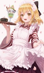 1girl :d absurdres apron apron_hold black_bow blonde_hair blush bow cake commentary_request commission cowboy_shot cup dress drinking_glass food frilled_apron frills hair_bow highres holding holding_tray long_sleeves looking_at_viewer maid maid_headdress myon_rio open_mouth original parfait red_dress sample_watermark short_hair skeb_commission smile solo tray twitter_username watermark white_apron wide_sleeves yellow_eyes