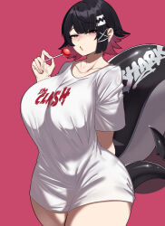 Rule 34 | 1girl, absurdres, alternate costume, arm behind back, black hair, breasts, candy, collarbone, colored inner hair, ellen joe, fins, fish tail, food, hairband, highres, holding, holding candy, holding food, holding lollipop, large breasts, lollipop, looking at viewer, metal hairband, mole, mole under eye, multicolored hair, no pants, open mouth, pink background, pink hair, red eyes, shark girl, shark tail, shirt, short hair, simple background, solo, spiked headband, tail, tetsu chokoreto, thighs, tight clothes, two-tone hair, zenless zone zero