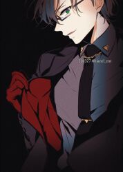 1boy black_background black_hair black_necktie chain dated formal_clothes glasses gloves green_eyes hypnosis_mic iruma_jyuto jacket male_focus necktie profile red_gloves smile solo suit tianel_ent twitter_username two-sided_fabric two-sided_jacket upper_body