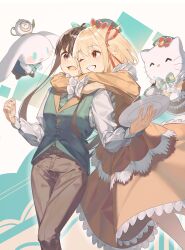 1boy 3girls absurdres aqua_bow black_hair blonde_hair blue_necktie blue_vest blush bow brown_pants cinnamoroll clenched_teeth commentary couple dkl_(dinosaurkl2) dress dress_shirt floating_hair furry furry_female fuwa_fuwa_cinnamoroll hair_bow hair_ribbon hello_kitty hello_kitty_(character) highres hug hug_from_behind inoue_takina long_hair long_sleeves lycoris_recoil multiple_girls necktie nishikigi_chisato one_eye_closed one_side_up open_mouth pants ponytail purple_eyes red_dress red_eyes red_ribbon ribbon sanrio shirt short_hair sidelocks smile teeth vest white_background white_shirt yuri