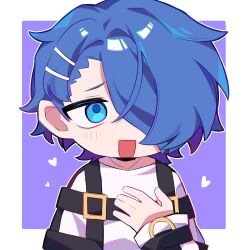 1boy :d blue_eyes blue_hair border chibi chibi_only hair_ornament hair_over_one_eye hairclip hand_on_own_chest highres jewelry light_blush looking_at_viewer male_focus milgram necklace open_mouth outline outside_border purple_background sakurai_haruka_(milgram) short_hair smile solo white_border white_outline yingwux1