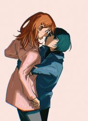 Rule 34 | 2girls, absurdres, blue eyes, blue hair, blue jacket, blush, braid, braided bangs, brown hair, chromatic aberration, closed mouth, commentary request, eye contact, grey background, hair ribbon, hanasato minori, highres, hug, jacket, kani (kaniya), kiritani haruka, lifting person, long hair, long sleeves, looking at another, multiple girls, open mouth, pink jacket, project sekai, ribbon, shadow, simple background, sweatdrop, yuri