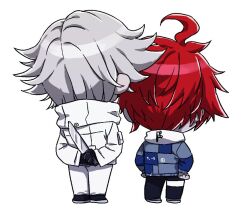2boys ahoge aotsuki_eito arms_behind_back chibi from_behind holding holding_knife holding_weapon knife male_focus messy_hair multiple_boys red_hair simple_background standing sumino_takumi the_hundred_line_-last_defense_academy- weapon white_background white_hair