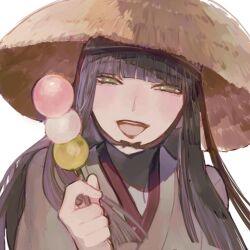 1girl :d black_hair blunt_bangs brown_eyes brown_kimono dango final_fantasy final_fantasy_xiv food hat holding holding_food hyur japanese_clothes kimono long_hair looking_at_viewer open_mouth portrait sanshoku_dango senoura_korafu simple_background smile solo straw_hat wagashi white_background yotsuyu_goe_brutus