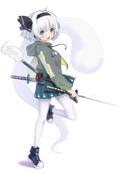 1girl alternate_costume black_hairband blue_eyes cyberpunk_(series) cyberpunk_2077 full_body green_jacket hairband highres holding holding_sword holding_weapon hxj_(2324184595) jacket konpaku_youmu looking_at_viewer open_mouth pantyhose pleated_skirt simple_background skirt solo sword touhou weapon white_background white_hair white_pantyhose