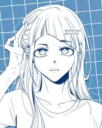 Rule 34 | 1girl, adjusting hair, alternate costume, alternate hairstyle, b1ue e4rth, blue theme, commentary request, diagonal bangs, grid background, hair down, hand on own head, hand up, highres, jasmine (toshi densetsu kaitai center), korean commentary, long hair, looking at viewer, monochrome, shirt, solo, t-shirt, toshi densetsu kaitai center, upper body