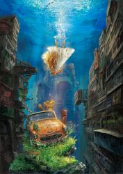 1girl air_bubble air_conditioner animal barefoot blonde_hair blue_eyes blue_tang breath broken broken_glass bubble building car cat closed_mouth clothed_animal clownfish crown diving dress female_focus fish floating_hair flood flower flower_necklace freediving frog gears glass grass hair_flower hair_ornament highres holding_breath hook jewelry lal!role lifebuoy long_hair motor_vehicle necklace original plant postbox rock scarf scenery signpost sleeveless sleeveless_dress smile solo stingray storefront string striped_clothes striped_scarf stuffed_animal stuffed_toy sundress sunlight surgeonfish surreal swim_ring swimming teddy_bear tropical_fish underwater upside-down white_dress wide_shot wreckage