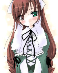 1girl bad_id black_ribbon blush brown_eyes brown_hair closed_mouth collared_dress corset dress drill_hair expressionless frilled_shirt_collar frills gogatsu_no_hito green_corset green_dress green_eyes headscarf heterochromia lace lolita_fashion long_hair looking_at_viewer neck_ribbon oekaki ribbon rozen_maiden solo suiseiseki twin_drills upper_body very_long_hair white_headscarf