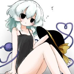 1girl black_camisole black_eyes black_hat blush bottomless bow camisole gradient_background green_hair hand_on_floor hat hat_bow heart heart_of_string heripantomorrow holding holding_unworn_clothes holding_unworn_hat knees_up komeiji_koishi looking_at_viewer sitting solid_circle_eyes squeans third_eye touhou unworn_hat unworn_headwear white_background yellow_bow