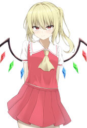 &gt;:) 1girl absurdres arms_behind_back ascot blush closed_mouth commentary_request cowboy_shot crystal_wings eyelashes eyes_visible_through_hair flandre_scarlet frilled_shirt_collar frilled_sleeves frills hair_between_eyes hair_intakes highres looking_at_viewer medium_hair midriff_peek miniskirt no_headwear paid_reward_available pleated_skirt puffy_short_sleeves puffy_sleeves red_eyes red_skirt red_vest shirt short_sleeves side_ponytail sidelocks simple_background skirt smile solo split_mouth szl touhou tsurime upturned_eyes v-shaped_eyebrows vest white_background white_shirt wings yellow_ascot