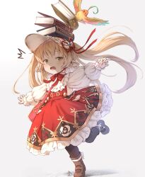1girl bag bird black_socks blonde_hair book dress drusilla falling granblue_fantasy green_eyes harvin hat highres khell long_sleeves pointy_ears ribbon shoulder_bag simple_background socks standing standing_on_one_leg