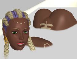 1girl ass bath bathtub bodypaint braid braided_ponytail dark-skinned_female dark_skin dolores_(kof) earrings gold green_eyes huge_ass jewelry long_hair looking_at_viewer milk multicolored_hair open_mouth purple_hair purrbomb42 the_king_of_fighters thick_lips top-down_bottom-up two-tone_hair wet white_hair wide_hips