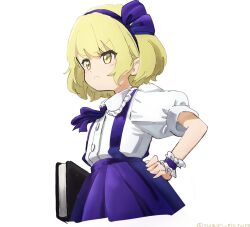 1girl aged_down alice_margatroid alice_margatroid_(pc-98) angry blonde_hair blue_hairband blue_ribbon blue_skirt blue_suspenders blue_wrist_cuffs closed_mouth collared_shirt commentary_request cropped_legs frilled_shirt_collar frills hair_ribbon hairband hand_on_own_hip highres neck_ribbon ribbon shirt short_hair simple_background skirt solo touhou touhou_(pc-98) white_background wrist_cuffs yellow_eyes yugiri_(yugiri_picture)