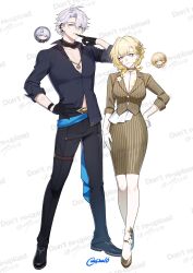 Rule 34 | 1boy, 1girl, 42u16, aglaea (fashion) (honkai: star rail), aglaea (honkai: star rail), ahoge, black gloves, black pants, black shirt, blonde hair, blue eyes, breast tattoo, breasts, brown skirt, brown vest, cleavage, collared shirt, commentary request, full body, gloves, gold necklace, gold tattoo, green eyes, highres, honkai: star rail, honkai (series), jewelry, large breasts, laurel crown, necklace, official alternate costume, pants, phainon (fashion) (honkai: star rail), phainon (honkai: star rail), reference inset, shirt, short hair, skirt, smile, tattoo, twitter username, vest, white gloves, white hair