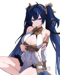 1girl absurdres ahoge ancient_greek_clothes arm_support bare_shoulders blue_eyes blue_hair breasts cleavage closed_mouth commentary covered_navel cream_bread greco-roman_clothes hair_between_eyes hair_intakes hair_ornament head_wreath highres iuno_(wuthering_waves) large_breasts long_hair looking_at_viewer simple_background sitting solo thighs twintails very_long_hair white_background wuthering_waves