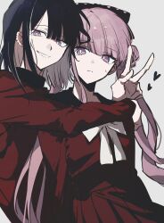 1boy 1girl absurdres black_hair black_sailor_collar bright_pupils colored_inner_hair commentary_request ear_piercing frown gakuran grin heart highres hug jacket looking_at_viewer multicolored_hair piercing pink_eyes pink_hair pleated_skirt red_jacket red_serafuku red_shirt red_skirt return_na ribbon sailor_collar school_uniform serafuku shirt siblings skirt smile sweatdrop the_hundred_line_-last_defense_academy- tsukumo_ima tsukumo_kako twins twintails v white_pupils white_ribbon