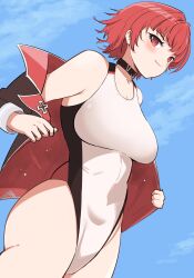 1girl adjusting_clothes azur_lane black_choker black_jacket blue_sky blunt_bangs breasts choker cleavage closed_mouth collarbone competition_swimsuit cowboy_shot cross day dutch_angle highleg highleg_one-piece_swimsuit highres iron_cross jacket large_breasts multicolored_jacket multicolored_swimsuit one-piece_swimsuit red_eyes red_hair red_jacket short_hair sky smile solo swimsuit weser_(azur_lane) weser_(wave-washed_paradise)_(azur_lane) white_one-piece_swimsuit yudofu_ice