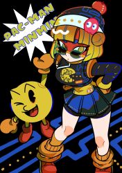 1boy 1girl @_@ arms_(game) beanie bike_shorts blonde_hair blue_skirt bob_cut bracelet dancho_no_mori english_text eye_mask from_above hand_up hands_on_own_hips hat jewelry loose_socks min_min_(arms) one_eye_closed open_mouth pac-man pac-man_(game) pleated_skirt red_shoes revision shoes short_hair skirt smile socks sunglasses yellow_eyes yellow_socks