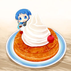 1girl blue_eyes blue_hair blush cherry chibi commentary_request elbow_gloves female_focus food food_focus fruit gloves gradient_hair hinata_yuu holding in_food kantai_collection long_hair looking_at_viewer mini_person minigirl multicolored_hair open_mouth plate samidare_(kancolle) simple_background smile solo standing very_long_hair whipped_cream white_background