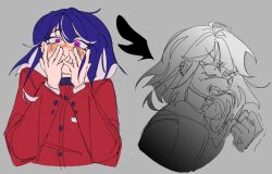 1boy earrings grey_background hand_up hands_up highres jewelry long_hair long_sleeves male_focus multiple_expressions open_mouth pink_eyes purple_hair red_shirt shirt simple_background solo solo_focus teeth the_hundred_line_-last_defense_academy- tsukumo_ima