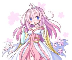 Rule 34 | 1girl, bare shoulders, blue eyes, bottle, cherry blossoms, drunk, emil chronicle online, frr (akf-hs), hair ornament, holding, holding bottle, japanese clothes, kimono, long hair, open mouth, pink hair, simple background, towa (emil chronicle online)