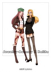 2girls black_dress black_shoes blonde_hair boots brown_boots brown_jacket character_name closed_mouth crop_top cropped_jacket crossed_arms dress fishnet_thighhighs fishnets full_body garter_straps glasses hat high_collar high_heels highres jacket jewelry_bonney kalifa_(one_piece) long_hair multiple_girls one_piece pink_hair shoes shorts simple_background thighhighs white_background xiluoji