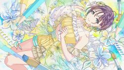 1girl asakura_toru bare_shoulders earrings flower hair_ornament highres idolmaster idolmaster_shiny_colors jewelry official_art open_mouth paintbrush pencil see-through_clothes see-through_sleeves shirt short_hair yellow_shirt