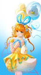 1girl absurdres animal_bag animal_balloon backless_dress backless_outfit backpack bag balloon balloon_trip_(infinity_nikki) bird blue_background blue_hairband blue_ribbon braid brown_hair bubble_skirt chinese_commentary collar commentary_request cowboy_shot detached_collar detached_sleeves dress duck duck_tail eyelashes fake_tail flower flower_balloon frilled_collar frilled_hairband frilled_sleeves frills gradient_background green_eyes grin hair_flower hair_ornament hair_ribbon hairband hand_on_own_chest happy high_collar highres holding holding_balloon infinity_nikki large_ribbon light_blush lipstick long_hair loose_hair_strand low_twin_braids makeup miniskirt nikki_(series) pink_lips polka_dot polka_dot_background pom_pom_(clothes) ribbon see-through_clothes see-through_sleeves seli_(yzjmzzr) short_dress shoulder_blades skirt skirt_under_dress sleeveless sleeveless_dress sleeves_past_wrists smile solo standing tail twin_braids white_background white_bag white_collar white_skirt white_sleeves yellow_dress yellow_flower