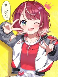 1girl absurdres ahoge belted_skirt blush commentary double_v drawstring gradient_hair green_eyes grey_sleeves hands_up highres idolmaster idolmaster_va-liv jacket long_sleeves looking_at_viewer multicolored_hair one_eye_closed ooho0216 open_mouth polka_dot polka_dot_background red_hair red_shirt shirt short_hair sidelocks skirt smile solo speech_bubble tomori_manaka translated upper_body v virtual_youtuber white_hair white_jacket white_skirt yellow_background zipper zipper_pull_tab