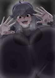 1girl against_glass ahoge black_background black_eyes black_hair breasts covered_erect_nipples dress hair_between_eyes hairband hex_maniac_(pokemon) highres huge_breasts long_hair long_sleeves looking_at_viewer naughty_face nintendo open_mouth pokemon pokemon_xy purple_dress saliva simple_background smile solo spammayoss steaming_body teeth tongue tongue_out turtleneck upper_body upper_teeth_only