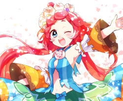 1girl blue_eyes blue_shirt center_opening dragalia_lost flower fukumitsu_(kirarirorustar) green_skirt hair_flower hair_ornament happy looking_at_viewer maribelle_(dragalia_lost) midriff one_eye_closed open_mouth outstretched_arm pink_flower pink_hair pink_rose rose shirt signature simple_background skirt solo white_background