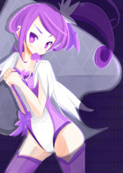 1girl argyle_background argyle_clothes bow brooch cowboy_shot cure_sword curly_hair dokidoki!_precure dorasan female_focus heart heart_brooch high_ponytail highres jewelry kenzaki_makoto leotard magical_girl mouth_hold ponytail precure purple_background purple_bow purple_eyes purple_hair purple_theme purple_thighhighs short_hair solo spade standing thighhighs