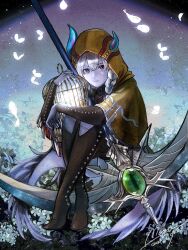 Rule 34 | 1girl, another eden, asymmetrical horns, birdcage, black boots, blue skin, boots, braid, brown hood, cage, capelet, colored skin, crossed ankles, demon girl, demon horns, falling feathers, feathers, full body, hair between eyes, high heel boots, high heels, highres, holding, holding cage, holding scythe, hood, hood up, hooded capelet, horns, hugging own legs, komugiko no mori, long hair, mazrika (another eden), purple eyes, scythe, side braid, solo, white hair