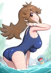1girl adjusting_clothes adjusting_swimsuit arm_behind_head ass ass_focus bent_over blue_one-piece_swimsuit blush breasts brown_eyes brown_hair from_behind gen_1_pokemon gonzarez green_(pokemon) hand_on_own_thigh highres in_water large_breasts light_smile long_hair looking_at_viewer nintendo one-piece_swimsuit outdoors pokemon pokemon_(creature) pokemon_lgpe squirtle swimsuit water wet
