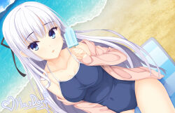 1girl absurdres beach blue_eyes blue_one-piece_swimsuit breasts competition_school_swimsuit covered_navel dutch_angle food hair_ribbon highres holydora horizon jacket long_hair medium_breasts naruse_shiroha navel ocean one-piece_swimsuit open_clothes open_jacket pink_jacket popsicle ribbon school_swimsuit solo summer_pockets swimsuit white_hair