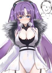 1girl absurdres azur_lane black_bra black_garter_straps blue_archive blue_eyes blush bra breasts cleavage commentary_request cosplay covered_navel fur_trim garter_straps hagakure_kirin_(kiryu036) highres large_breasts leotard long_hair purple_hair ran_haruka simple_background underwear very_long_hair voice_actor_connection voroshilov_(azur_lane) voroshilov_(azur_lane)_(cosplay) white_background white_leotard yuuka_(blue_archive)