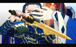 2boys aam09212 black_hair blue_jacket copyright_name dagded_dujardin hair_slicked_back highres jacket multiple_boys ohgercalibur_zero ohsama_sentai_king-ohger rcules_husty solo_focus super_sentai tokusatsu upper_body