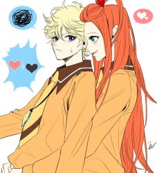 Rule 34 | 2girls, bad id, bad twitter id, blonde hair, cheongju cheese, chocolat meilleure, earrings, green eyes, hair between eyes, heart, hug, hug from behind, jewelry, long hair, multiple girls, necktie, orange hair, pendant, pointy ears, profile, purple eyes, school uniform, short hair, signature, smile, spoken squiggle, squiggle, sugar sugar rune, vanilla mieux