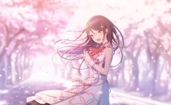 1girl ascot backlighting bare_arms belt black_hair black_ribbon blurry blurry_background brooch brown_skirt buttons cherry_blossoms collared_dress colorful_palette dappled_sunlight day dot_nose double-breasted dress falling_petals floating_hair flower flower_brooch glint gold_trim grey_eyes grey_ribbon hair_flower hair_ornament hair_petal hair_ribbon hands_up happy head_tilt headset highres holding holding_flower hoshino_ichika_(project_sekai) jewelry kimi_to_utau_sakura-mau_sekai_de_(project_sekai) lapels long_dress long_hair long_skirt looking_at_viewer neck_ribbon notched_lapels official_alternate_costume official_art open_mouth outdoors own_hands_together park path petals pink_ascot pink_dress pink_flower pink_petals pink_theme plaid_clothes plaid_dress pleated_skirt project_sekai ribbon road silver_trim skirt sleeveless sleeveless_dress solo spring_(season) standing straight_hair sunlight swept_bangs third-party_source tree tsurime two-tone_dress vanishing_point white_belt white_dress white_wrist_cuffs wrist_cuffs